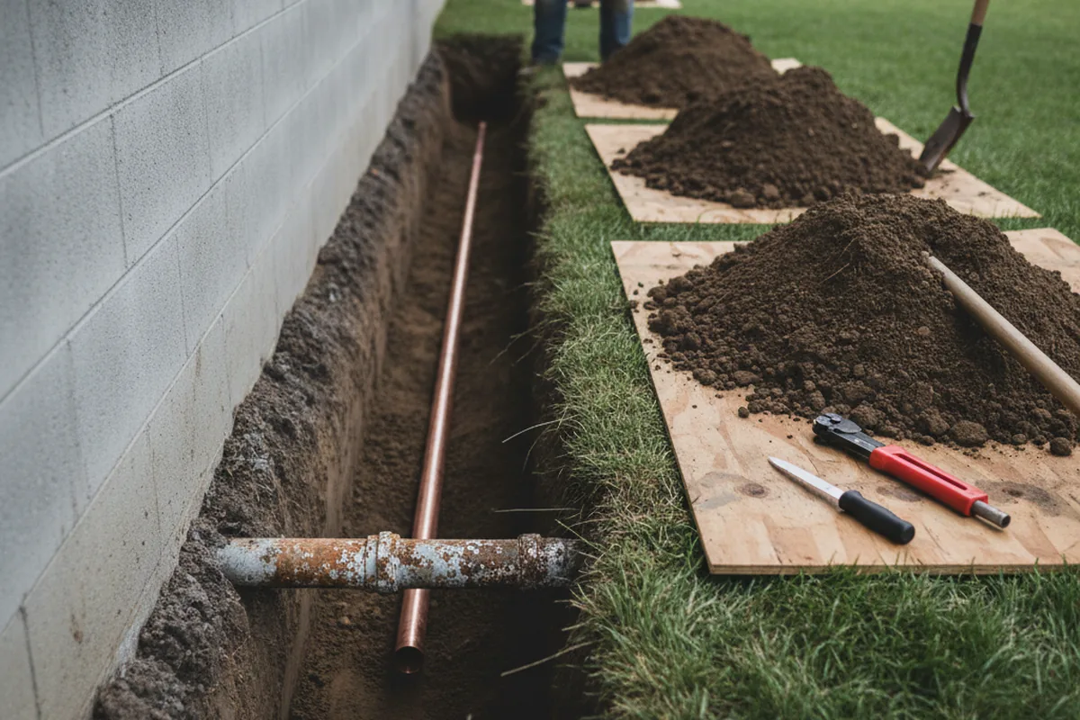 Excavated water line trench during Water Heater Repair in Novice